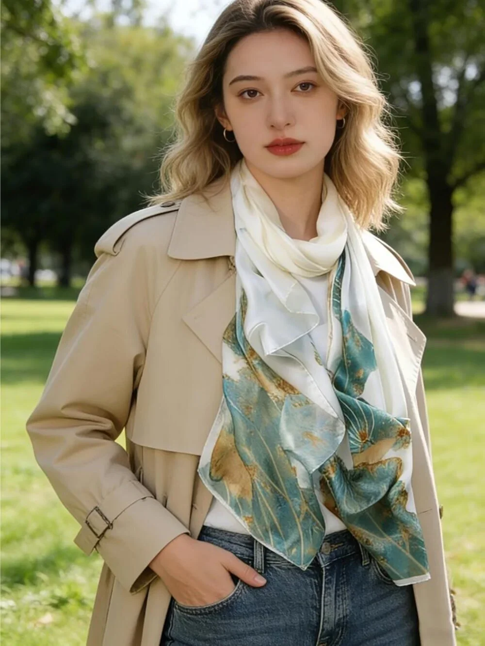 Women's White Lightweight Silk Like Scarves Flower Print Head Cotton Wrap Scarf